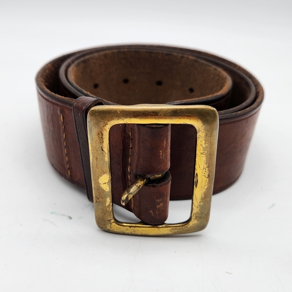 Brown Leather Belt Mens Size 36 Oil Tanned Harness Solid Brass Genuine Handmade - Picture 8 of 11